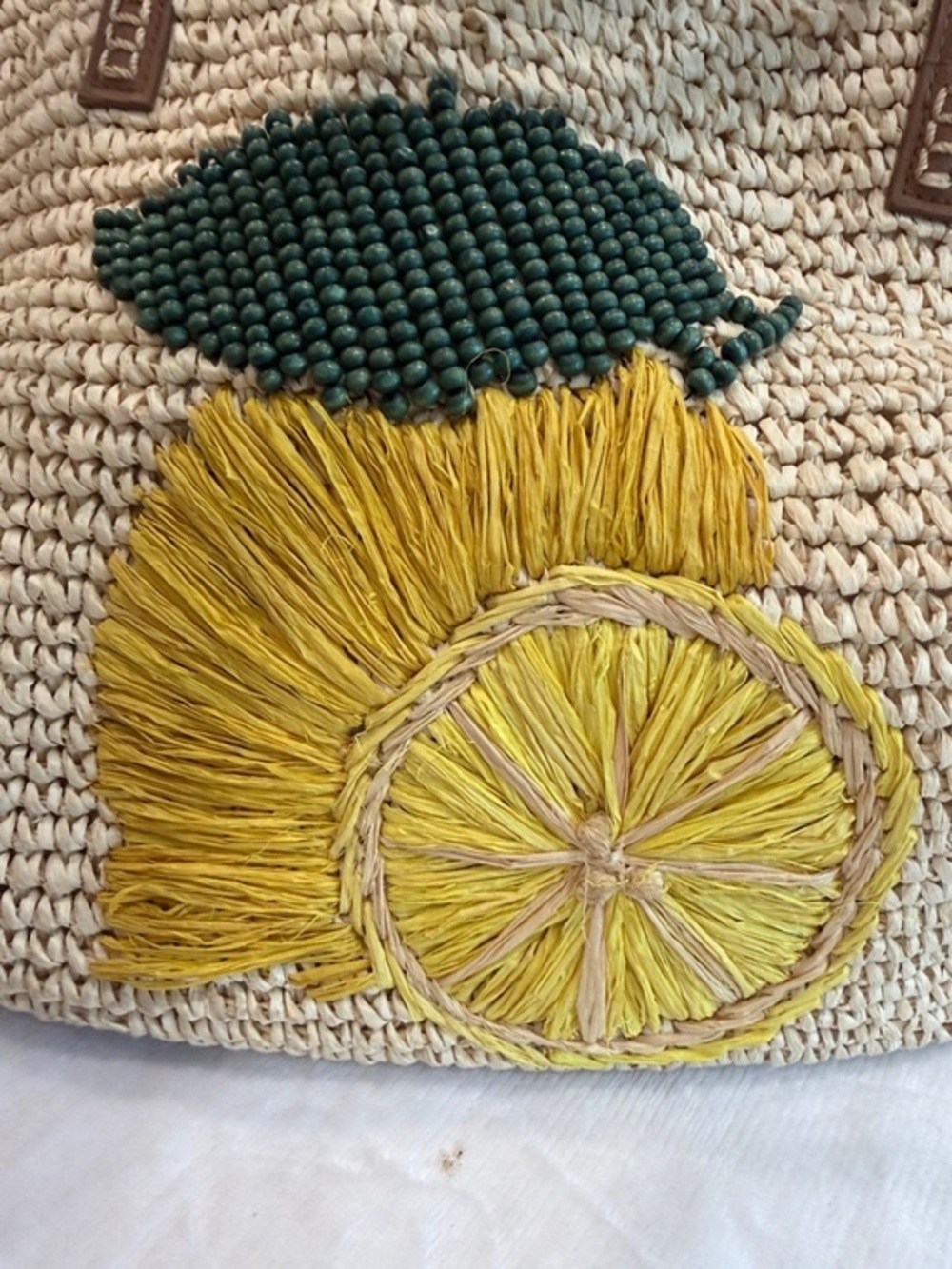 INC International Concepts Straw Tote with Yellow Lemon and Green Leaf Beadwork